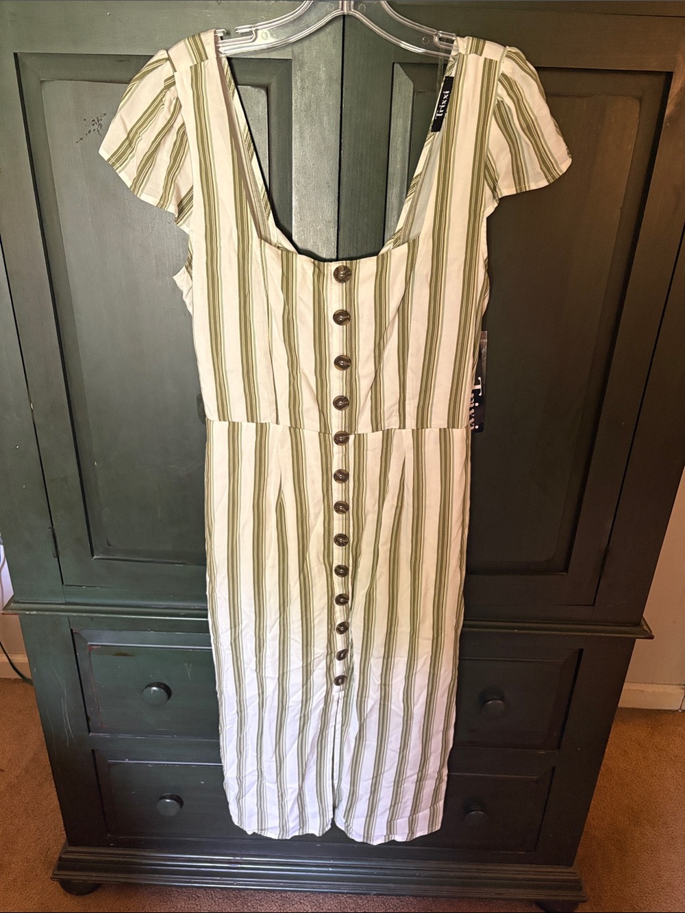 Trixxi Green and White Striped Midi Dress with Front Buttons